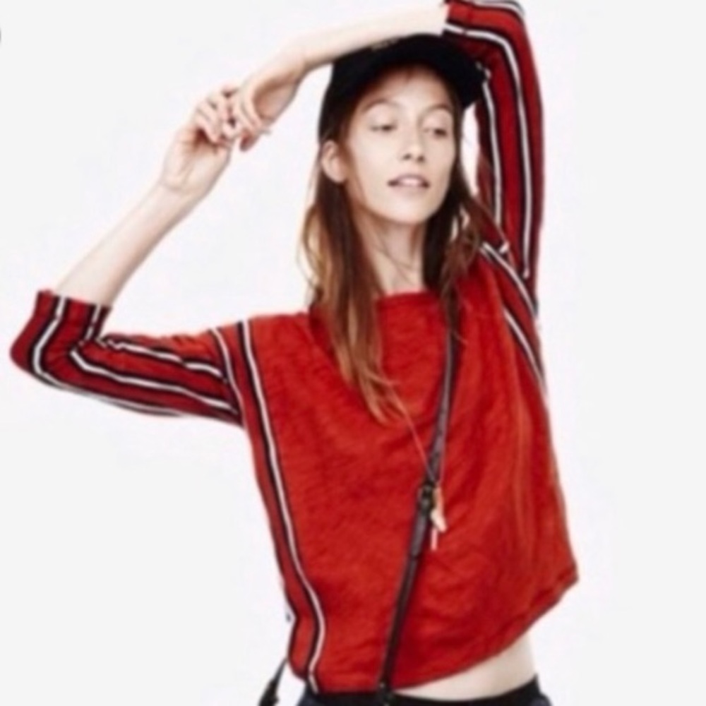 MADEWELL Style B6076 Rust Burnt Orange Boxy Fit Pullover Top Stripped Sides SZXS
